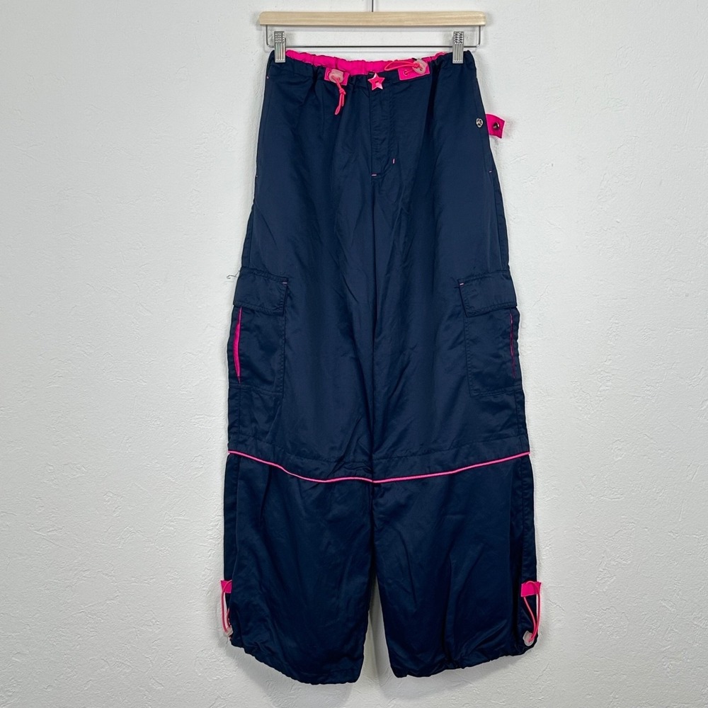 90s Y2K Buggirl Rave Skater Pants Size Large Blue Techwear Cyber Cargo Nylon